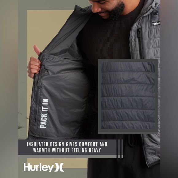 New Hurley Men's Jacket Balsam Lightweight Packable Puffer Coat Outerwear Small - Picture 9 of 13